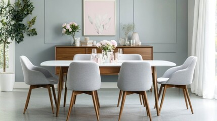 Obraz premium Modern dining room with gray chairs and wooden table.