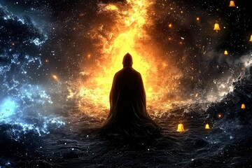 Naklejka premium Contemplation Before the Cosmic Fire A Silhouette of Enlightenment
