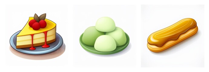 A trio of delightful desserts are presented: a cherry-topped cheesecake slice, a mound of green mochi, and a caramel-glazed eclair, each on its own plate.