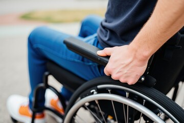 Fototapeta premium A close-up view of a young adult male in a wheelchair, showcasing his hand gripping the armrest, set against an outdoor backdrop, emphasizing accessibility and mobility challenges.