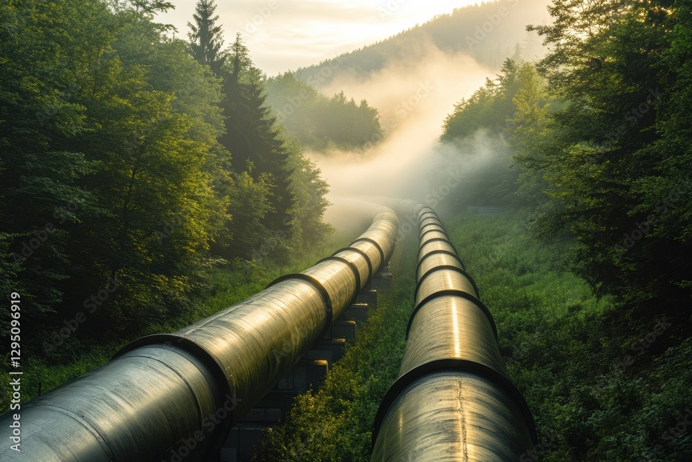 Aufkleber Gas pipelines flow through a vibrant green forest landscape with mountains in the background at dawn. Generative AI
