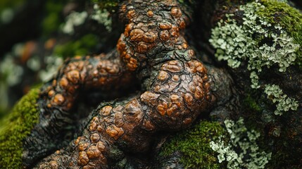 Close-up of gnarled tree roots intertwined with moss and lichen