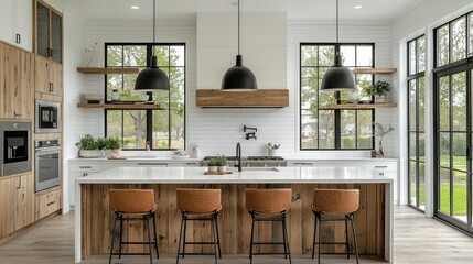 Modern farmhouse kitchen with large windows