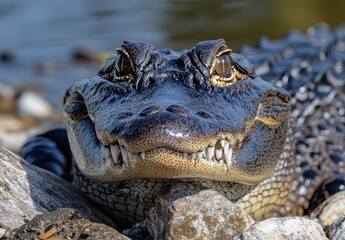 Fototapeta premium Close-Up of a Gleaming Alligator with Sharp Teeth and Expressive Eyes Near a Rocky Shoreline by a Calm Water Body