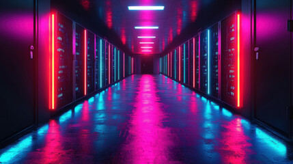 Fototapeta premium Futuristic data server room with glowing neon lights and vibrant colors