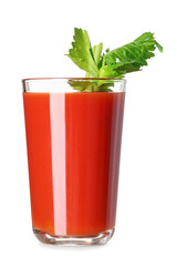 Glass of bloody mary garnished with celery on white background