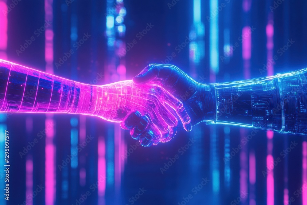 Aufkleber digital avatars engage in metaverse social interaction through a friendly handshake in a neon lit en