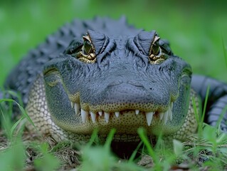Fototapeta premium Close-Up of a Large Crocodilian with Sharp Teeth on a Green Natural Background Captured in a Wild Setting