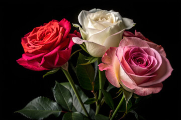 high quality realistic rose bouquet isolated on black background Dark background, vibrant red roses, dramatic lighting, high contrast, botanical photography, lush petals, 
