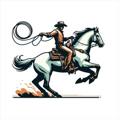A cowboy on a rearing horse, swinging a lasso