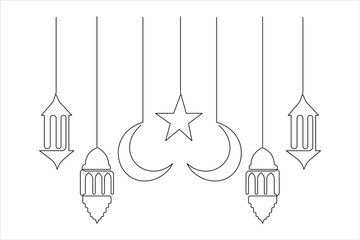 Ramadan Kareem continuous one line art drawing of Eid Mubarak Islamic decoration design outline vector