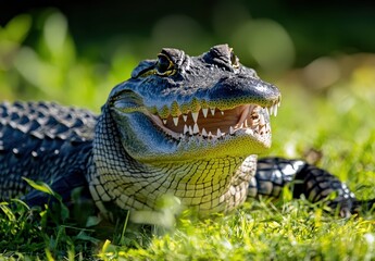 Fototapeta premium Close-Up of a Majestic Alligator with Sharp Teeth Relaxing on Vibrant Green Grass Under Bright Sunlight in Natural Habitat