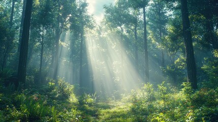 Serene forest landscape with sun rays filtering through tall trees, creating a mystical atmosphere