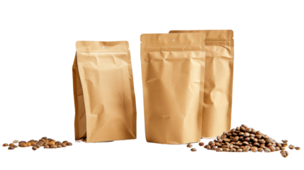 Coffee beans scattered near kraft paper packaging on transparent background