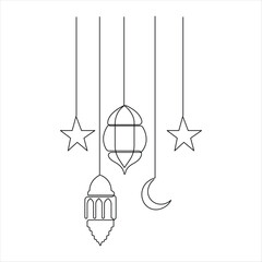 Ramadan Kareem continuous one line art drawing of Eid Mubarak Islamic decoration design outline vector