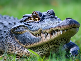 Fototapeta premium Close-Up of a Majestic Crocodile with Intricate Scales and Sharp Teeth Lying on Lush Green Grass in Natural Habitat, Capturing Nature's Beauty and Detail