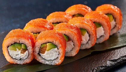 Macro shot of fresh sushi rolls, highlighting individual rice grains, vibrant fillings, and intricate textures.