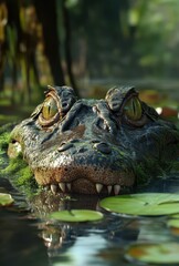 Fototapeta premium Close-up of a Powerful Alligator in a Lush Wetland Surrounded by Greenery and Water Lilies, Capturing Nature's Raw Beauty and Wildlife Majesty