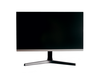 A black computer monitor on a white table. Mock up for design, teplate. Stylish minimalist interior. Gray background.
