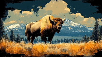 Bison standing in a field, mountains and forest background