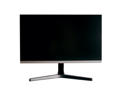 A black computer monitor on a white table. Mock up for design, teplate. Stylish minimalist interior. Gray background.