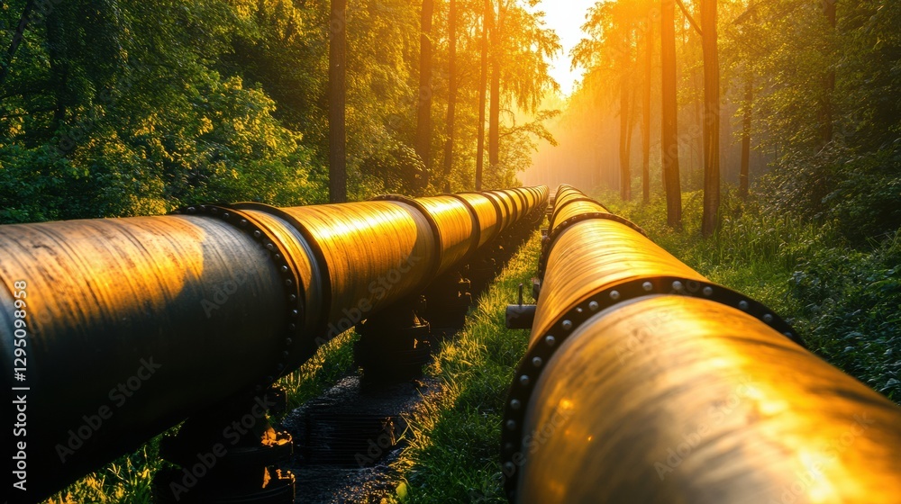 Aufkleber gas pipelines stretch through a vibrant forest at sunset with golden light illuminating the scene. g