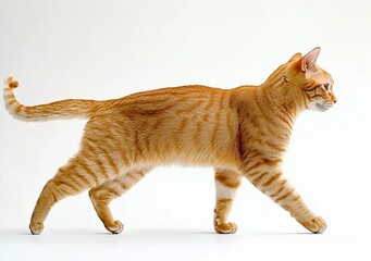 Playful Orange Tabby Cat Striding Gracefully Across Minimalist Background with Soft Lighting
