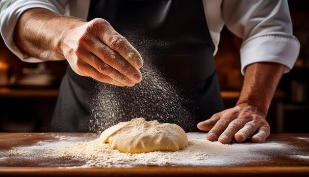 Macro shot of a chef’s hands sprinkling flour over fresh pasta dough, capturing the fine details of the flour and dough texture.
 - Powered by Adobe