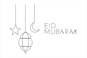 Ramadan Kareem continuous one line art drawing of Eid Mubarak Islamic decoration design outline vector