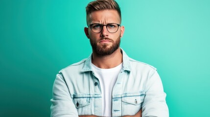 Obraz premium A thoughtful man with glasses and a beard stands confidently with his arms crossed, exuding a sense of calm authority and introspection.