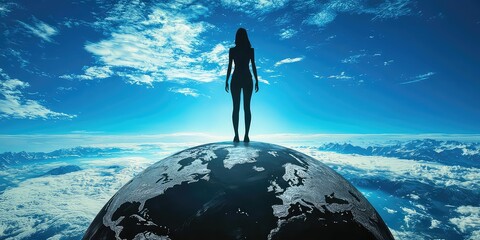 A woman standing on top of a globe, symbolizing her power to change the world