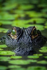 Fototapeta premium Close-Up of a Stealthy Crocodile Emerging from Water Surrounded by Lush Green Lilypads in a Tranquil Marsh Environment