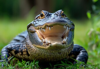 Fototapeta premium Close-Up of a Smiling Alligator with Sharp Teeth on Green Grass in Natural Habitat, Displaying Unique Texture and Vibrant Colors of Reptilian Skin