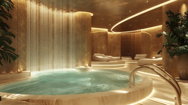 Experience ultimate relaxation in this luxurious spa featuring a stunning indoor waterfall a tranquil pool.