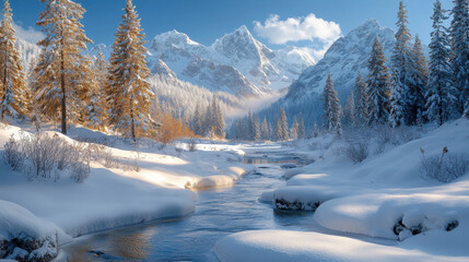 Majestic snowy peaks rising high above serene valley with tranquil stream flowing through winter landscape