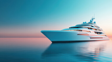 Naklejka premium A sleek white yacht floats on tranquil waters at sunset, silhouetted against a vibrant blue sky, creating a serene and picturesque scene.