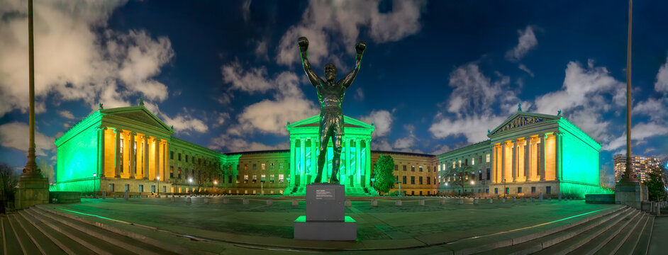 Philadelphia, PA, USA - April 14 2024: Rocky Statue at the top of the Philadelphia Art Museum steps