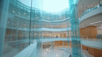 Obraz premium A modern glass building showcases numerous windows, reflecting contemporary architecture and urban design.