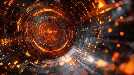 Obraz premium Abstract Futuristic Technology Tunnel with Glowing Orange and Black Circles