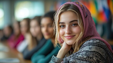 Young woman with a headscarf smiling in a conference setting with diverse attendees in the background