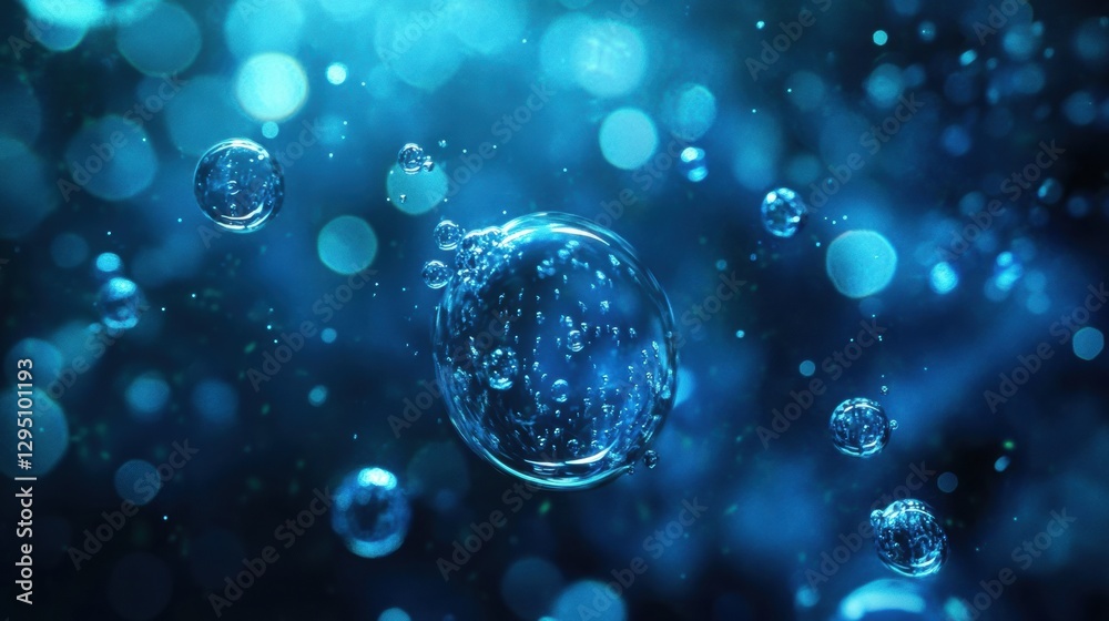 Aufkleber Glowing gas bubbles floating gracefully in turquoise underwater environment at dusk. Generative AI