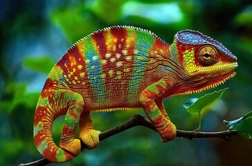 Obraz premium Colorful Chameleon Perched on a Branch Surrounded by Lush Greenery with a Sense of Curiosity 