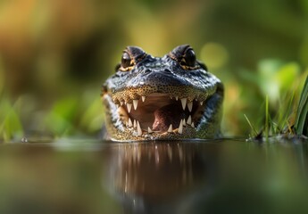 Fototapeta premium Close-Up of Alligator Head Emerging from Water, Showcasing Powerful Jaws and Sharp Teeth Surrounded by Lush Greenery in Natural Habitat