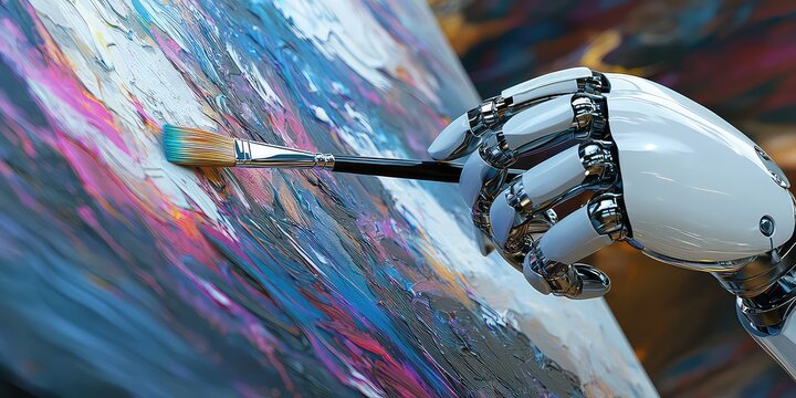 AI robot with a paintbrush in one hand, creating digital art - Powered by Adobe