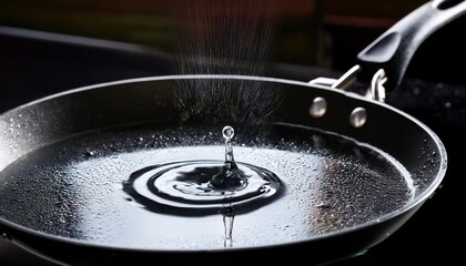 Obraz premium Macro shot of a water droplet bouncing on a hot frying pan. Detailed physics in motion.