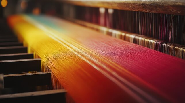 A loom machine weaving colorful threads into fabric carefully