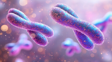 Human chromosomes X visibly dividing during mitosis, highlighted by vibrant colors and intricate details, set against an abstract backdrop of white, gold, and silver light in bright tones.

