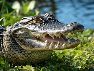 Fototapeta premium Close-Up of Alligator Head with Sharp Teeth and Expressive Eyes in Natural Habitat Near Water Surface Surrounded by Lush Green Vegetation