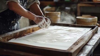 A person is creating paper with their hands at a workshop