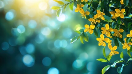 A vibrant yellow flower blooms on a tree branch, showcasing nature's beauty and the intricate details of its petals and leaves.